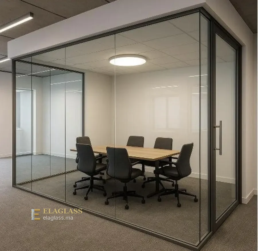 Salle de réunion fermée par des cloisons et une porte en verre