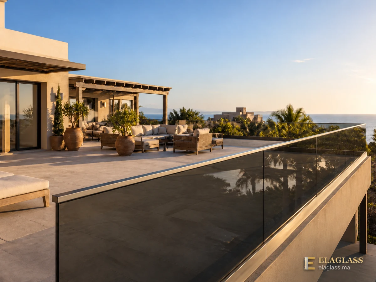 Garde-corps en verre fumé encastré au sol sur une terrasse face à la mer, avec main courante inox